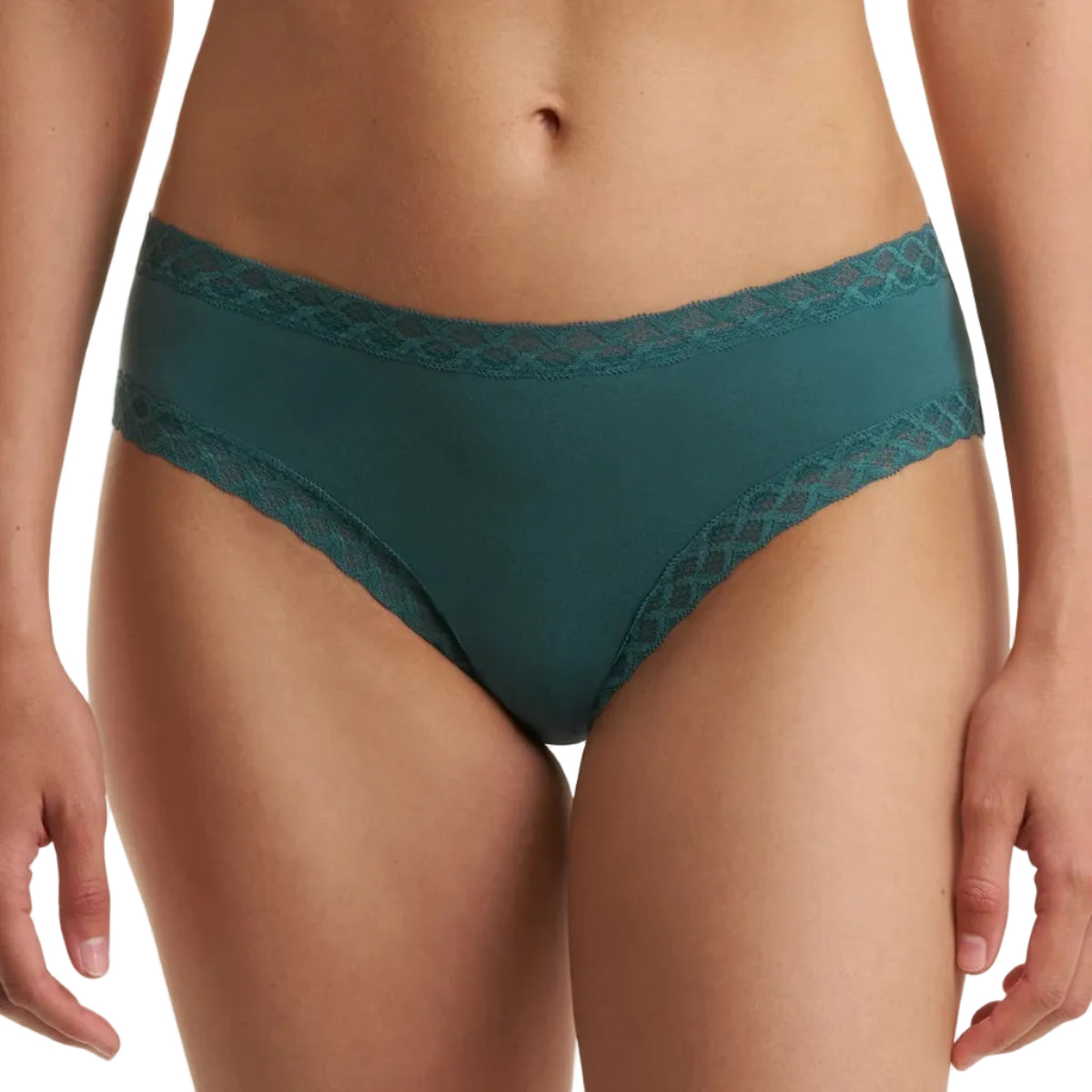 A model wearing teal green lace-trimmed bikini-style underwear against a plain white background.