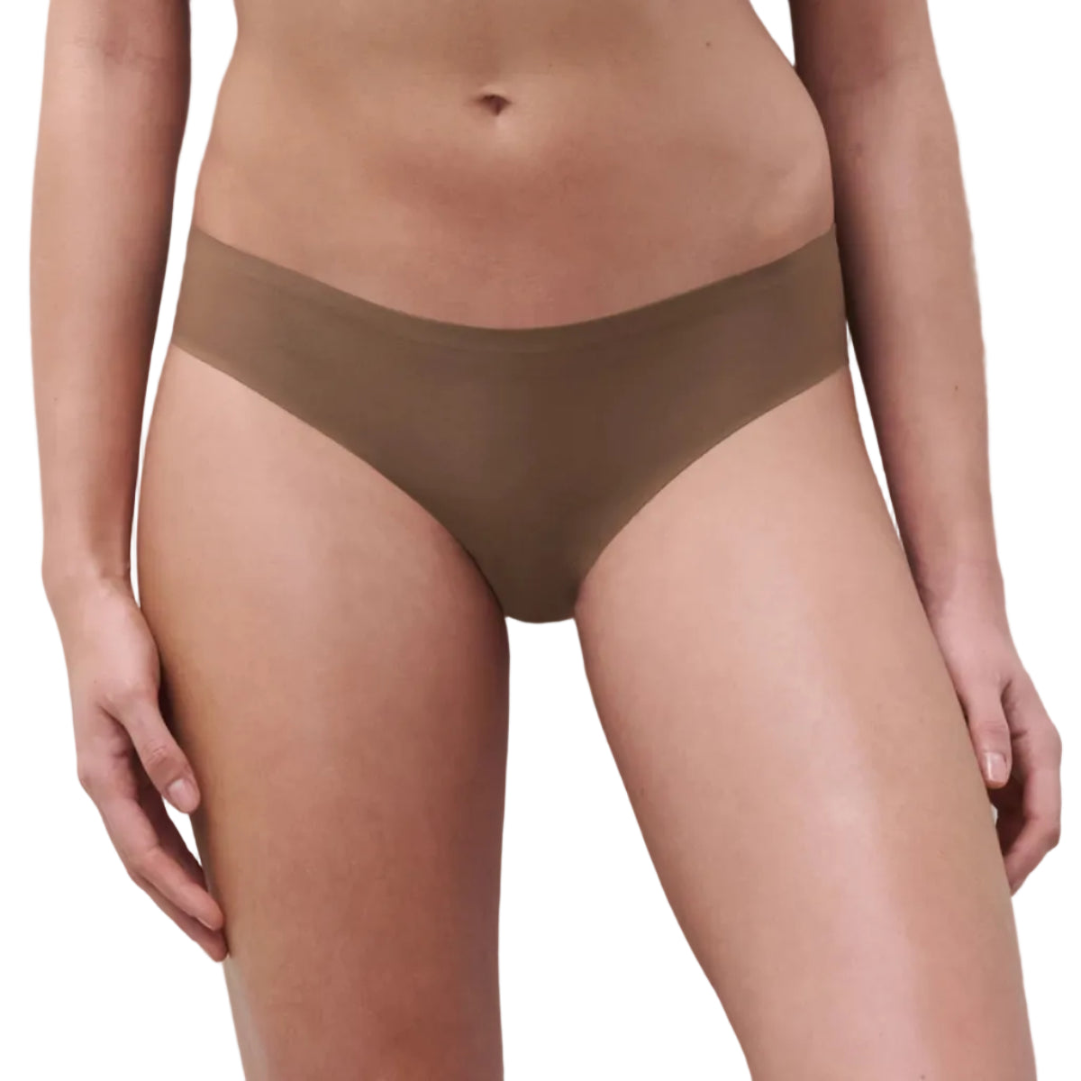 A model wearing a pair of solid taupe brown high-waisted briefs, shown from the waist to the upper thighs against a neutral light gray background.