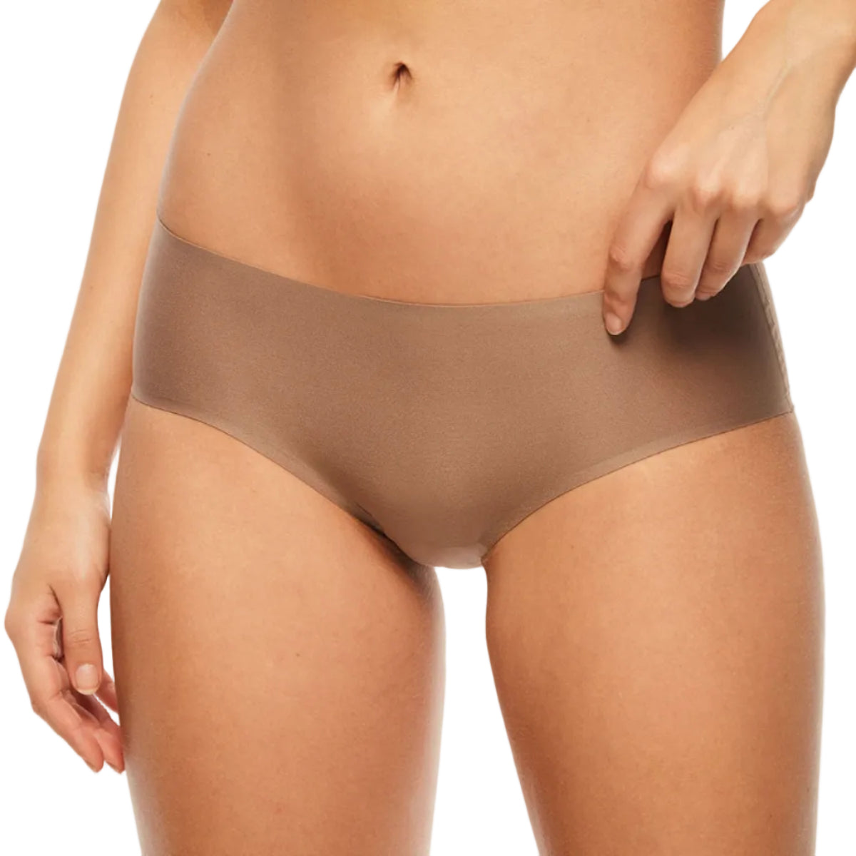 Person wearing a brown high-waisted underwear on a white background