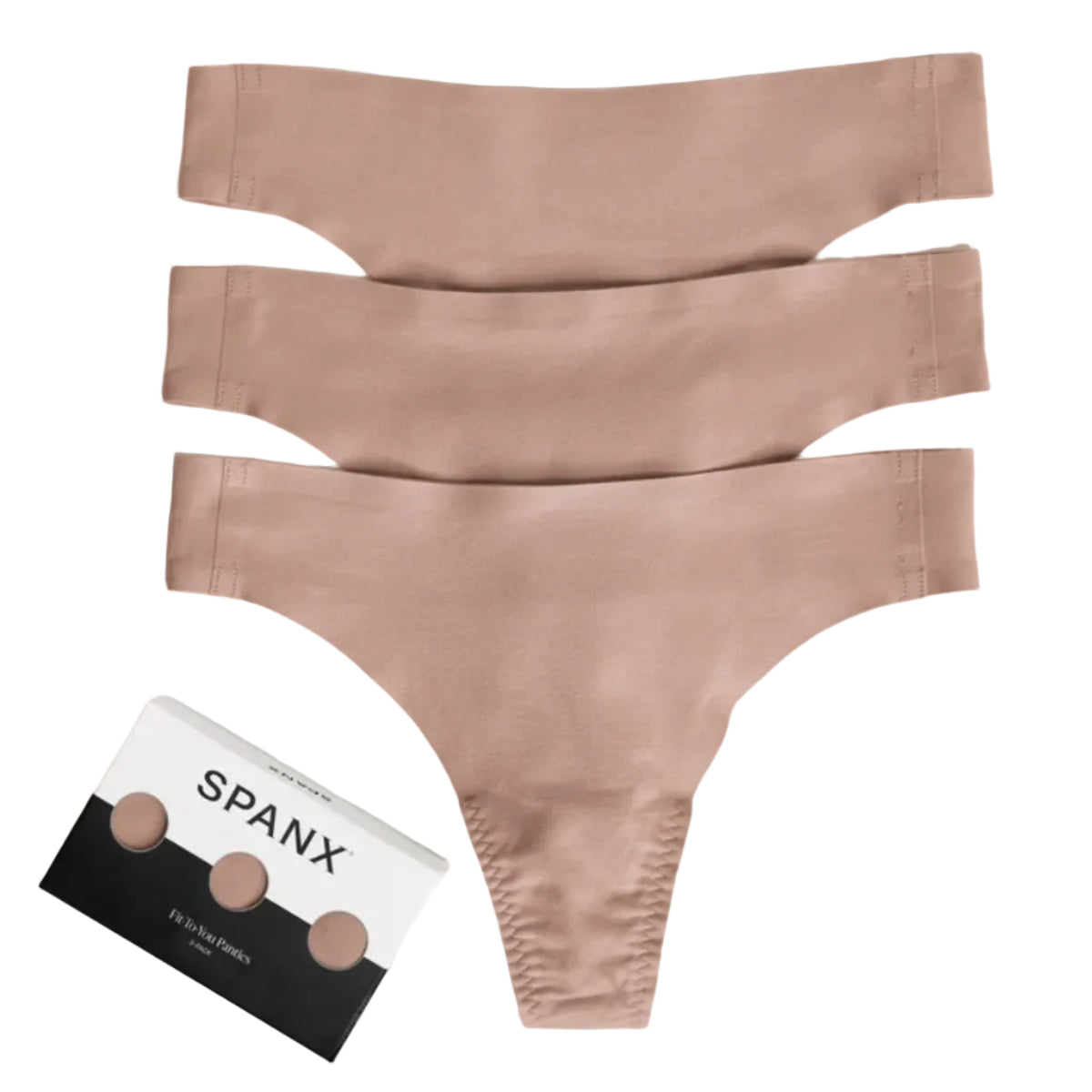 Three pairs of Spanx shapewear briefs in a dusty rose pink color, arranged vertically next to their original packaging box on a light gray background.