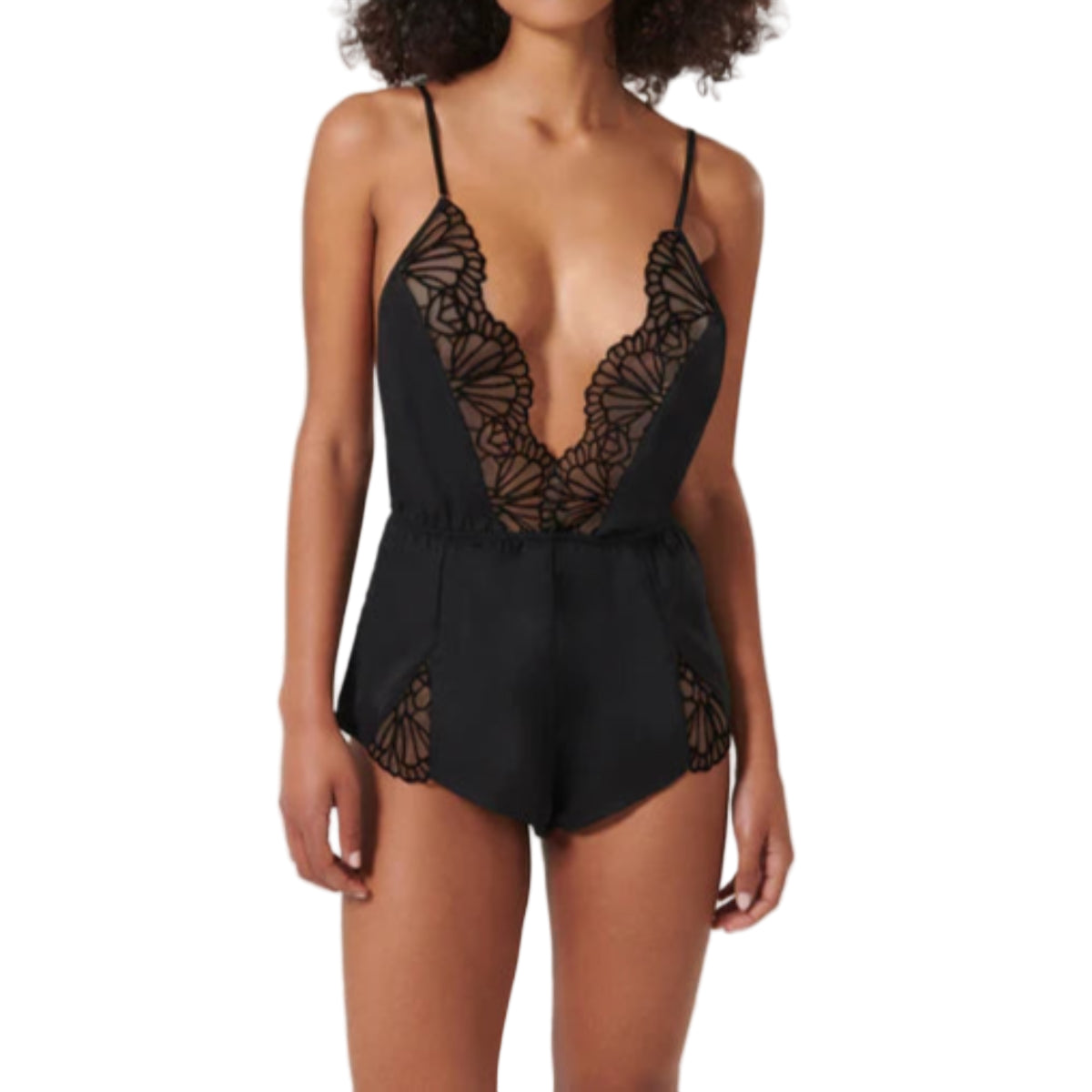 Bluebella Genevieve Luxury Satin Teddy in Black Front View