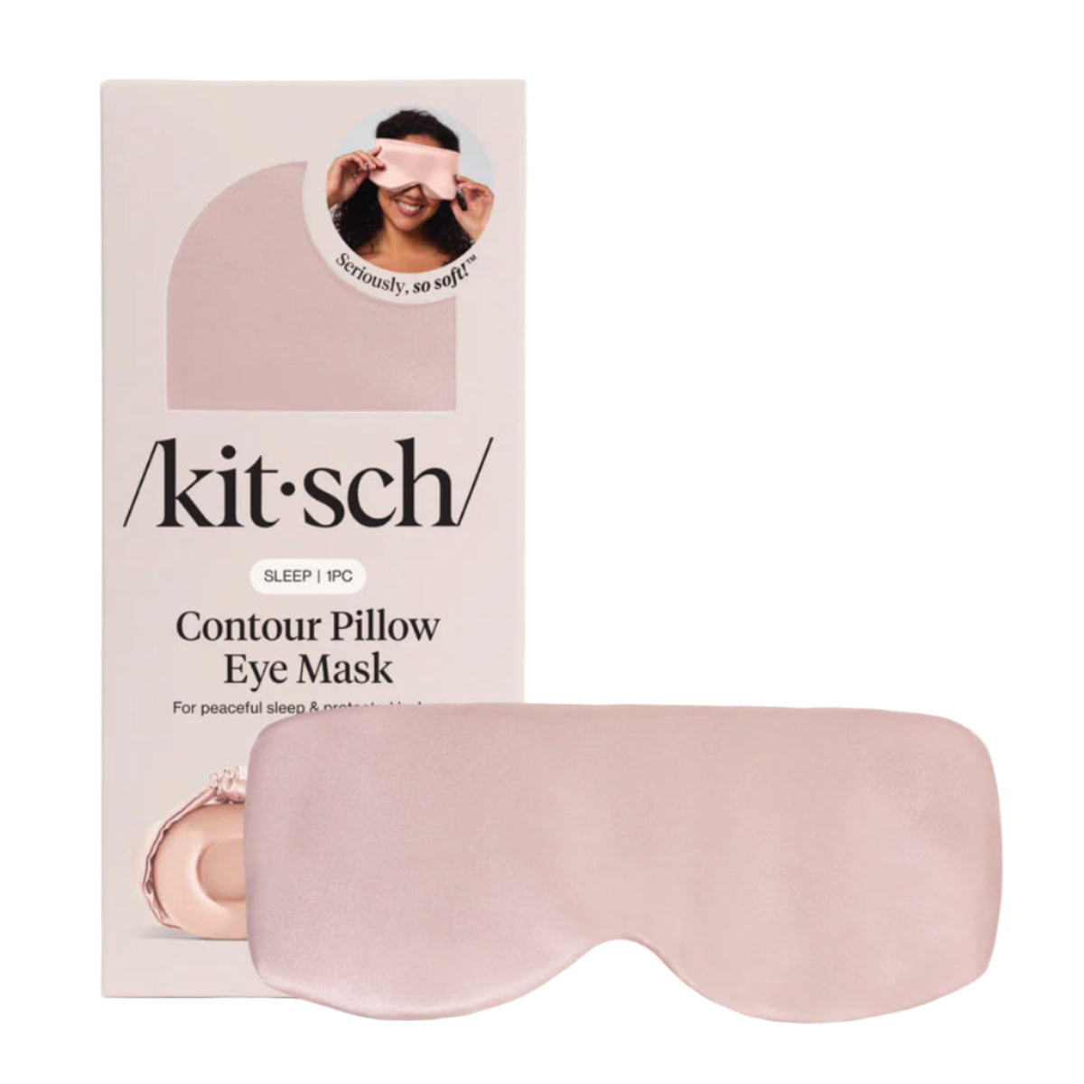 Pink contour pillow eye mask with packaging displaying 'kitsch' brand on a white background
