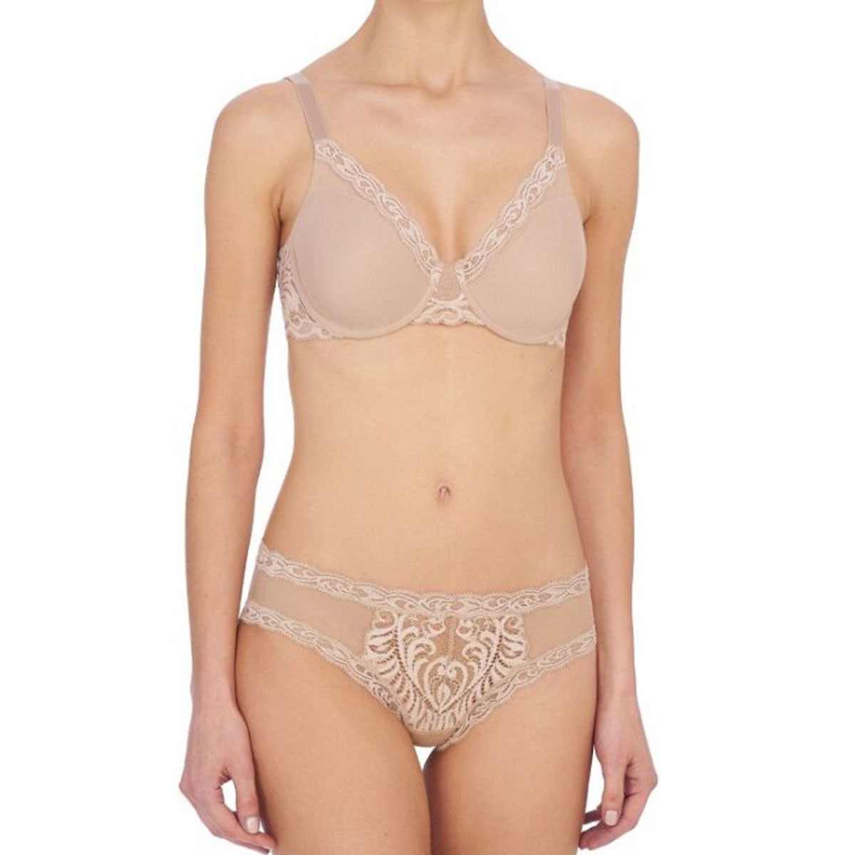 Natori Feathers Contour Plunge T-Shirt Bra and Panty in Cafe Beige Front View