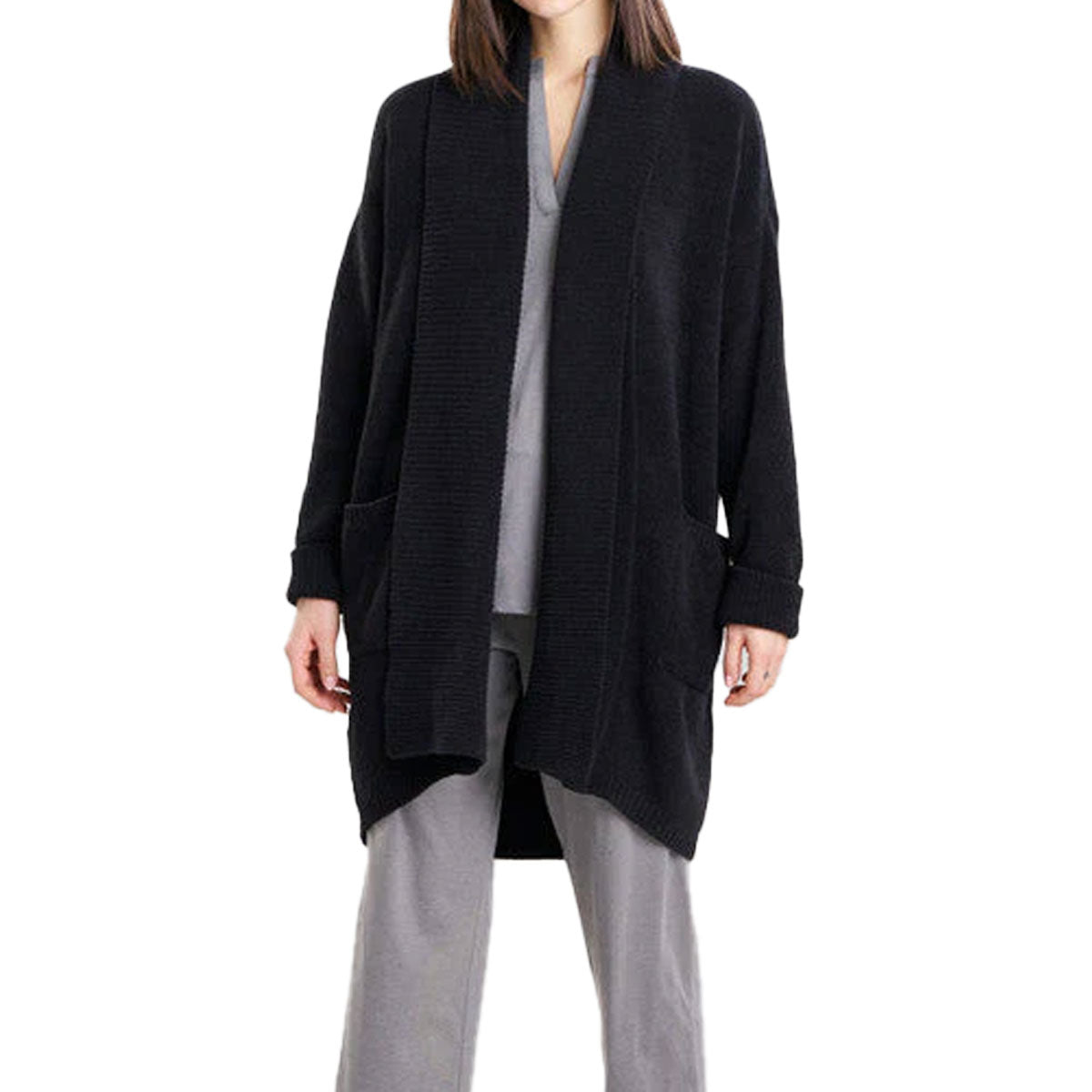 Natori Aura Solid Cardigan Sweater in Black Front View