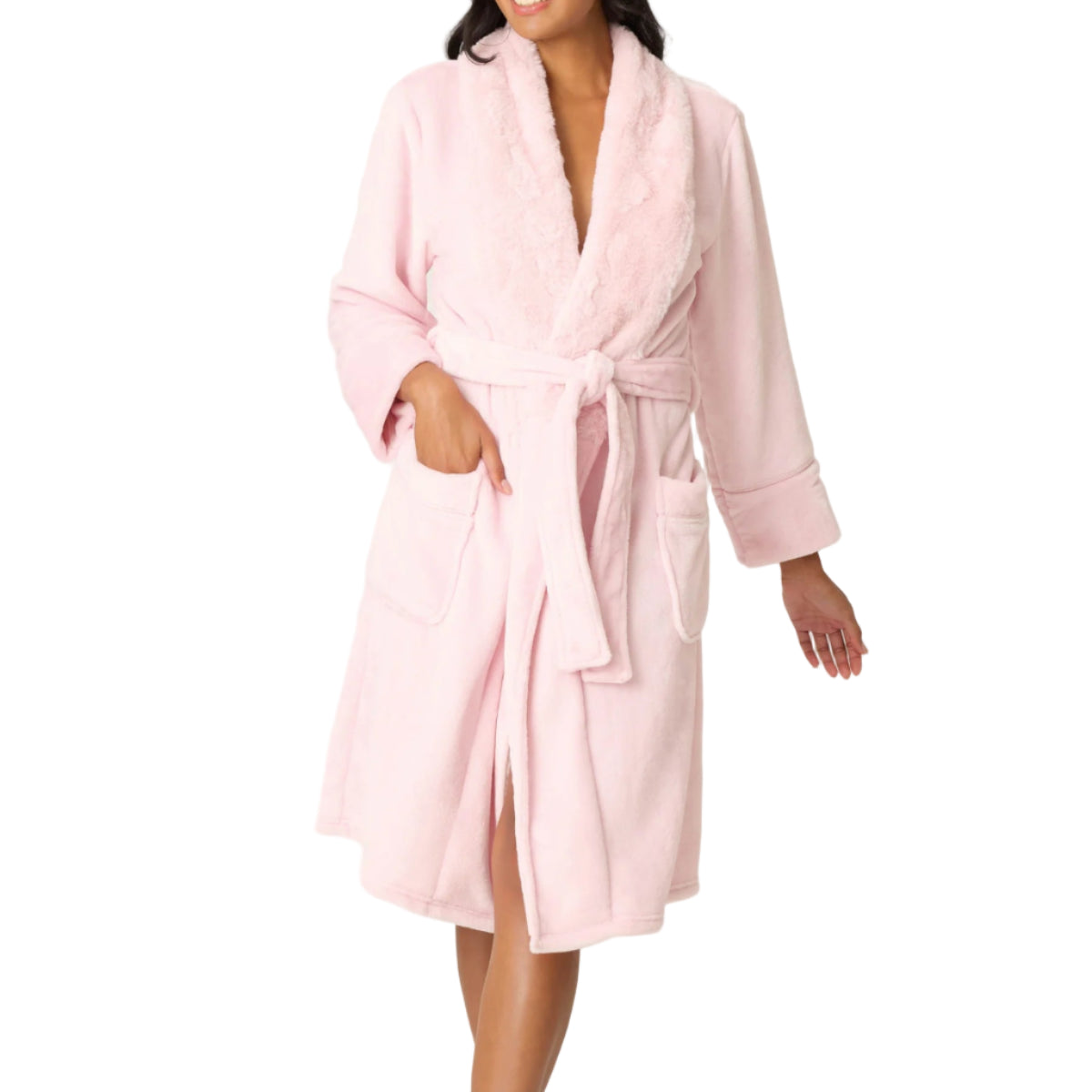 Woman wearing a pink robe on a white background