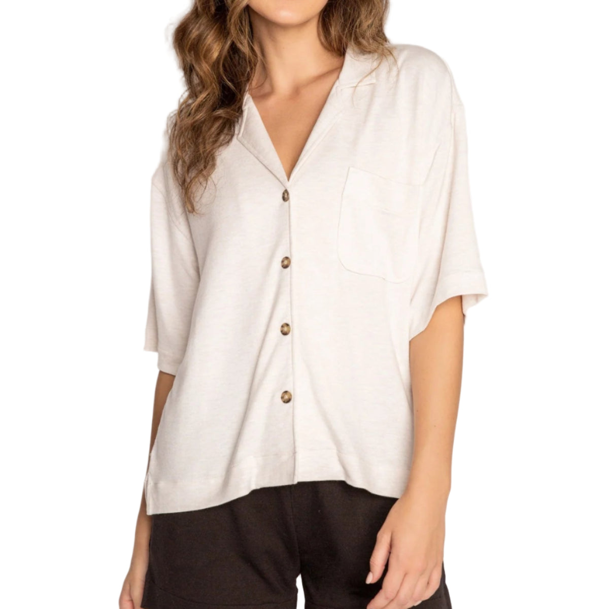 P.J. Salvage Jammie Essentials Short Sleeve Top in Oatmeal Front View