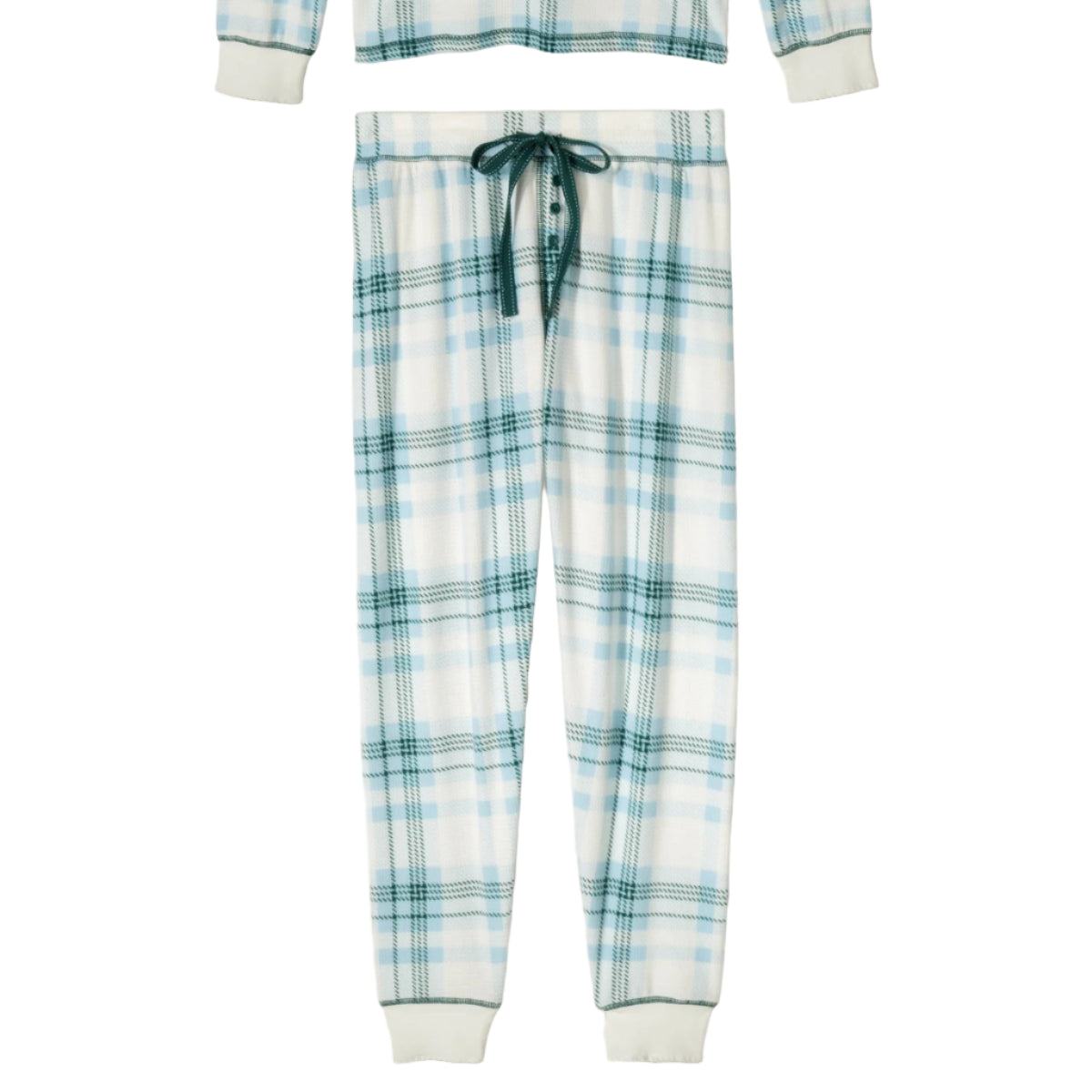 Plaid pajama set with long-sleeve top and pants on a white background