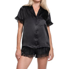 In Bloom by Jonquil Alice Luxe Satin Shortie Pajama Set in Black Front View