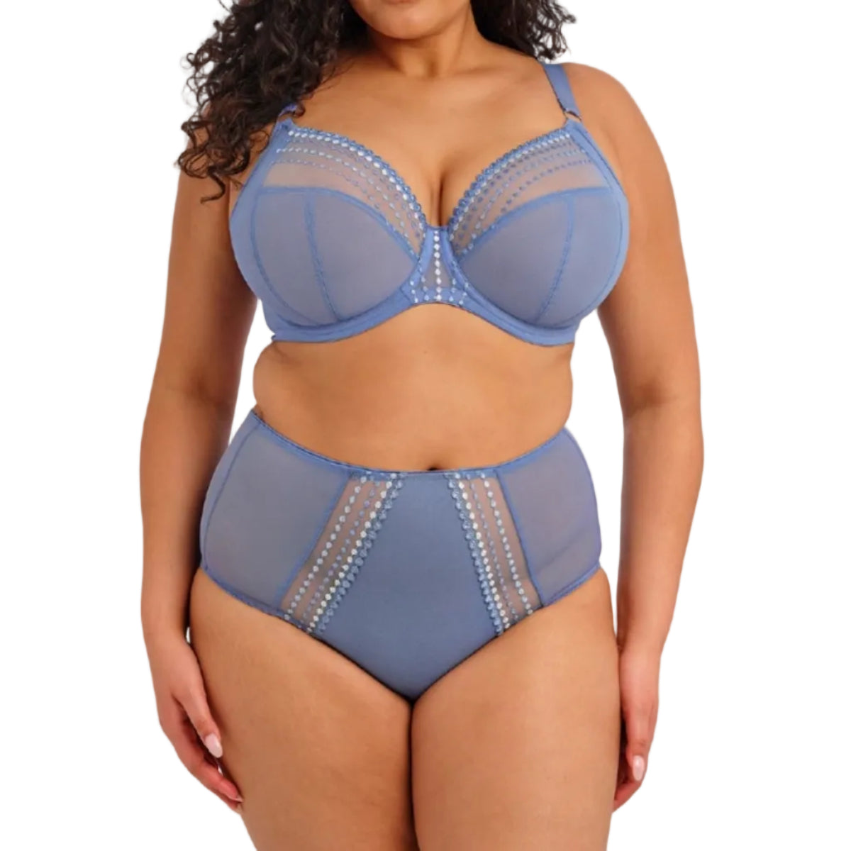 Woman wearing a blue bikini set with intricate detailing on a white background