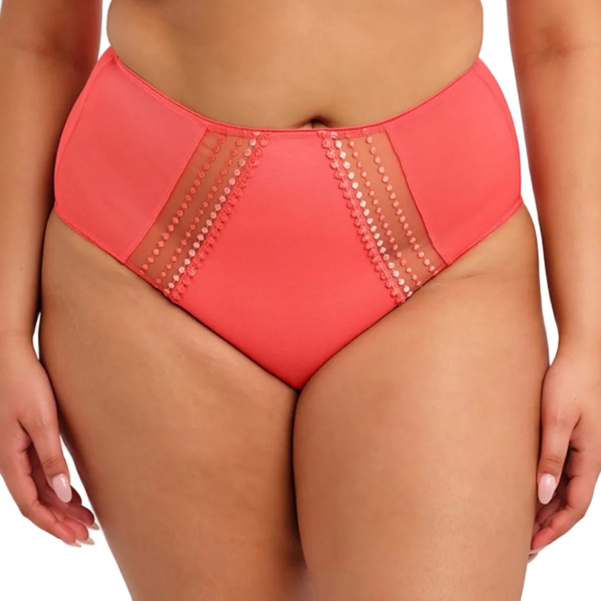 Coral high-waisted bikini bottom with embellishments on a white background