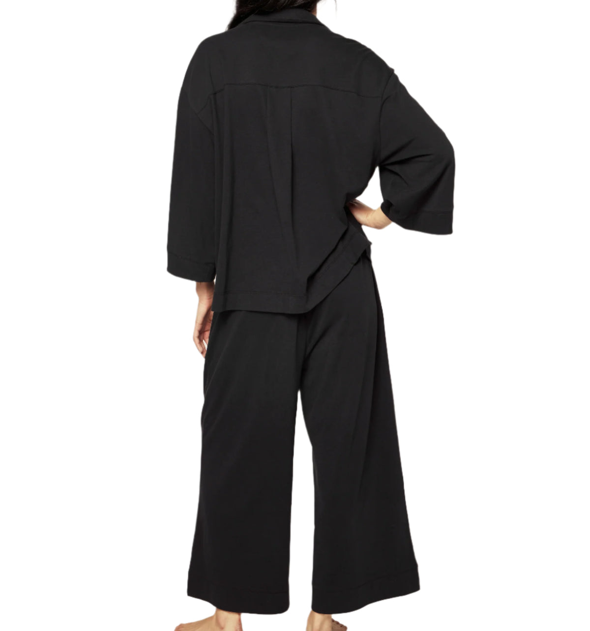 Petite Plume The Olivia Pima Cotton Wide Leg Pajama Pant Set in Black Back View