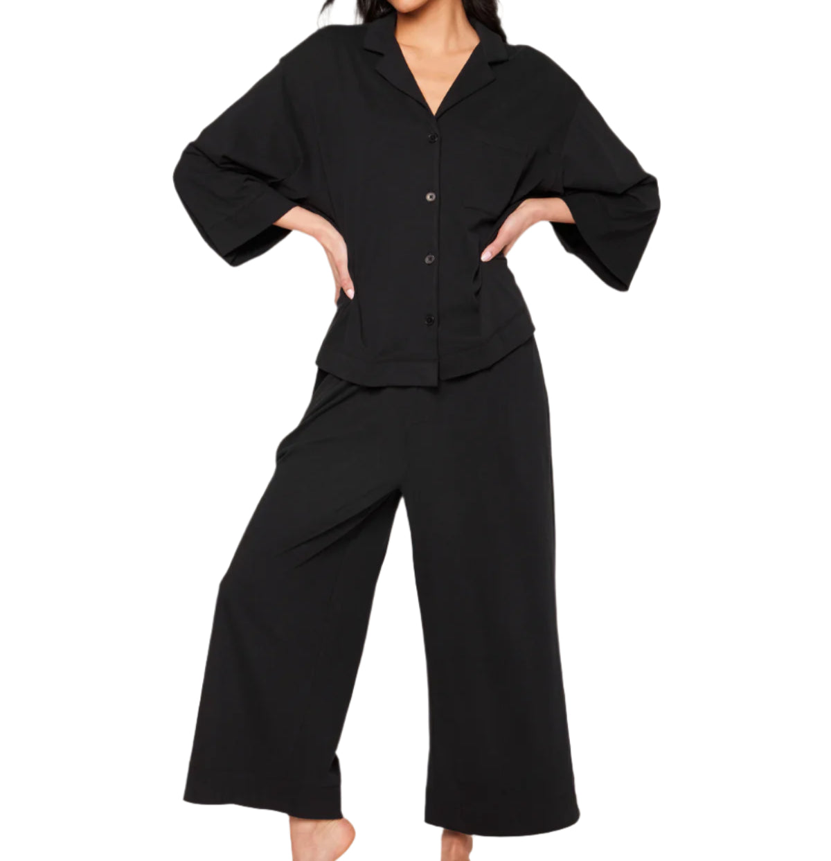 Petite Plume The Olivia Pima Cotton Wide Leg Pajama Pant Set in Black Front View