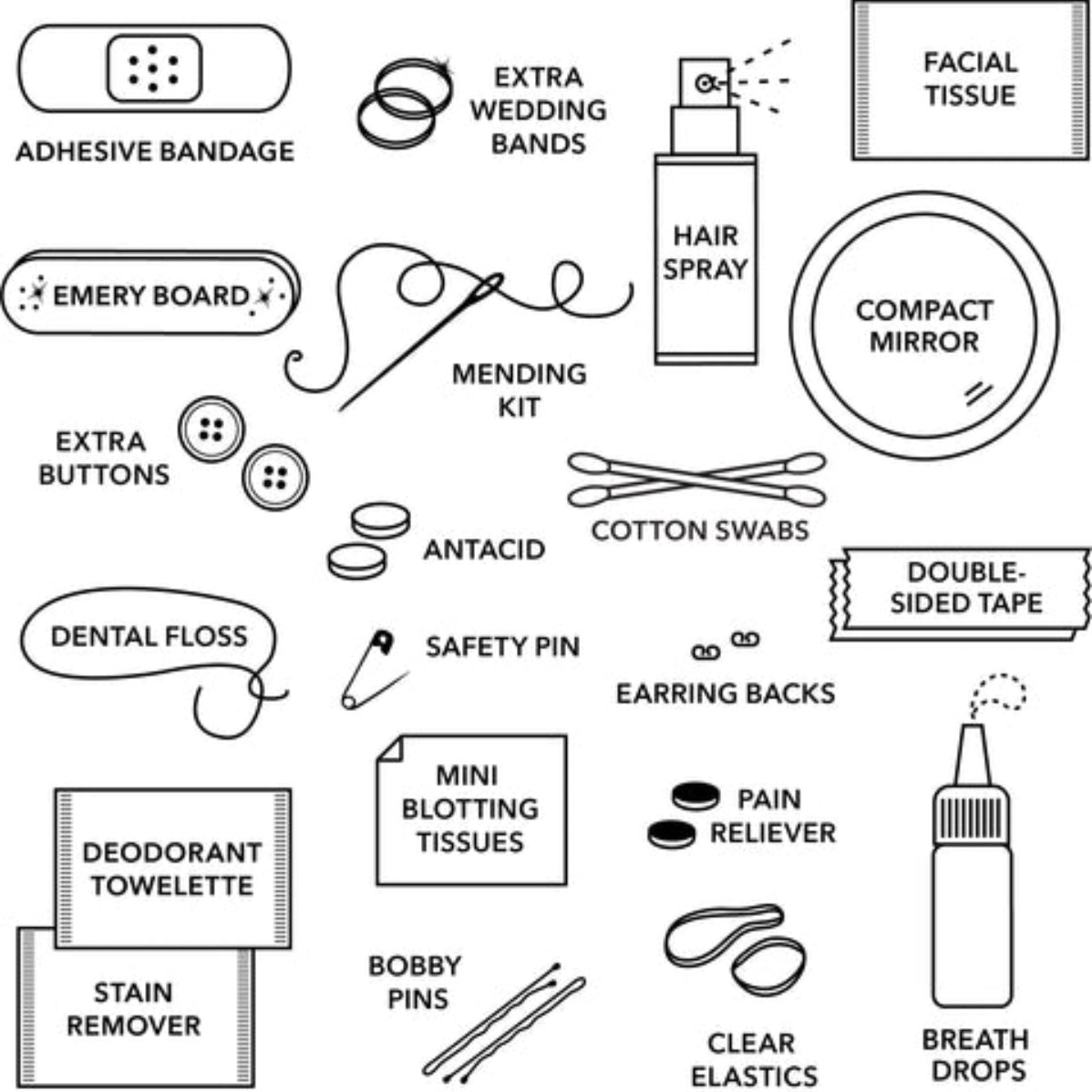 A black and white line art illustration sheet showing various first aid and emergency preparedness items with their names labeled, including adhesive bandage, extra wedding bands, facial tissue, emery board, hair spray, compact mirror, cotton swabs, dental floss, safety pin, earring backs, pain reliever, deodorant towelette, stain remover, mini blotting tissues, bobby pins, clear elastics, and breath drops.