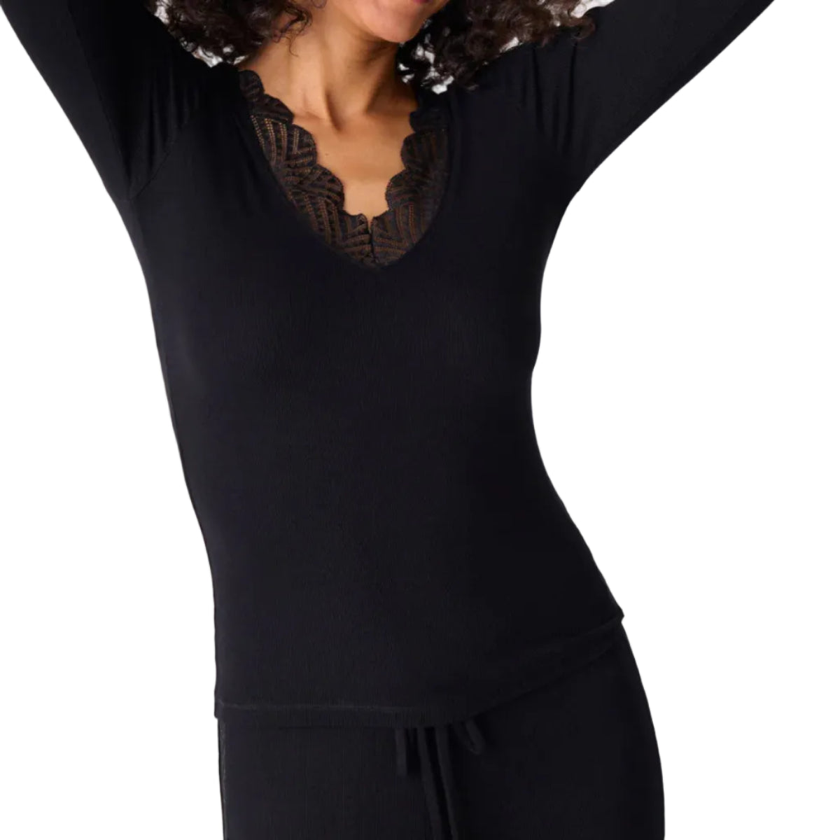 P.J. Salvage Lacey Basics Long Sleeve Lounge Top in Black Front View