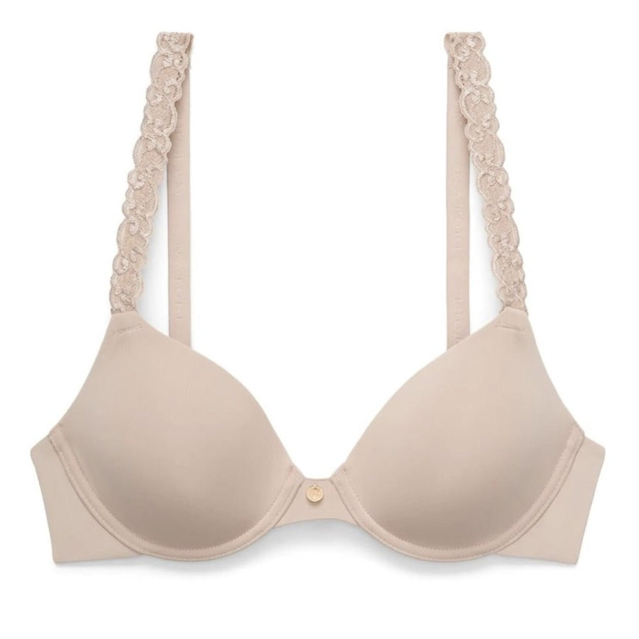Best selling t shirt bra. Smooth cups and band of comfortable, soft microfiber. Wider straps, full coverage shown in cafe beige. 732080 Pure Luxe t-shirt bra by Natori. Flat View.