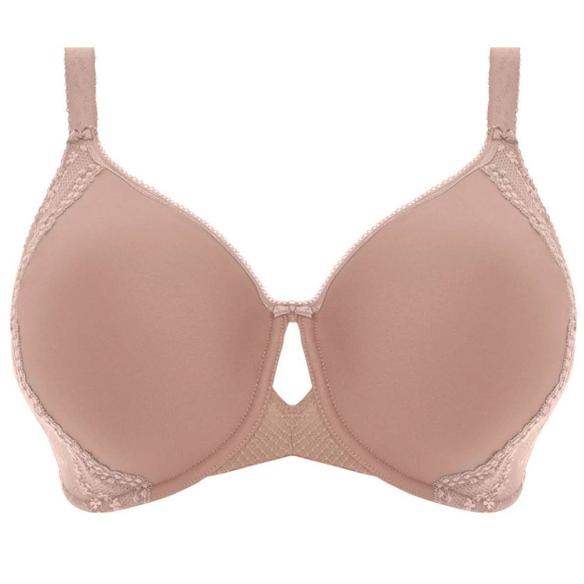 •	Beige t shirt bra with comfortable support up to (US) L Cup. Stretch lace on sides of cups conceals interior support panel. Cut out center detail makes this an  on trend lingerie drawer essential.