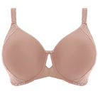 •	Beige t shirt bra with comfortable support up to (US) L Cup. Stretch lace on sides of cups conceals interior support panel. Cut out center detail makes this an  on trend lingerie drawer essential.