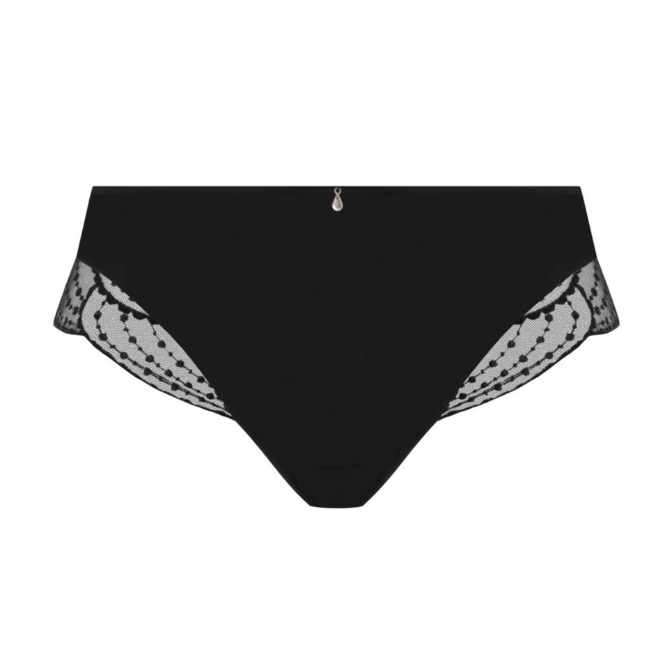 Priya embodies all things 1920's glamour  Featuring embroidery inspired by decadent chandeliers and draped beading A rose gold charm detail at the center front completes the look. Cheeky back coverage and lower rise at the waist Double layered stretch mesh front Folded edge back leg panel for a smooth now show leg edge Cutout detail at back waist