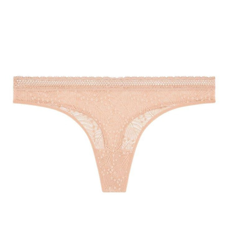 Simone_Perele_12S710_Comete_Tanga_ Pink_Sand  •	Mid-rise tanga with minimal coverage back •	Soft stretch French lace hugs curves and lays flat for a smooth fit •	Crease-free picot trim waist band •	Cotton gusset