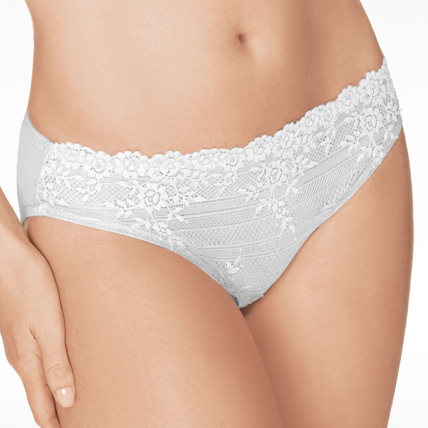 64391 Embrace Lace Bikini in Delicious White Beautiful and comfortable too, our Embrace Lace Bikini is the perfect addition to your lingerie collection. •	Full coverage bikini •	Lace front with sheer mesh back •	Sewn-in cotton gusset Fabric content: Body: 82% Nylon/18% Spandex; Lace: 48% Polyester/41% Nylon/11% Spandex; Crotch Lining:100% Cotton