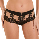 Black lace panties with a sheer mesh center panel and a solid black waistband, shown on a model against a light beige background.