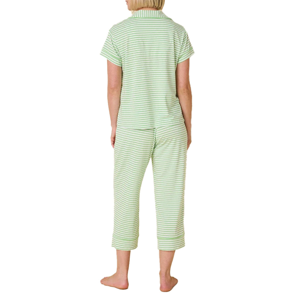 The Cat's Pajama's Essential Stripe Knit Capri Pajama Set in Pistachio Green Rear View