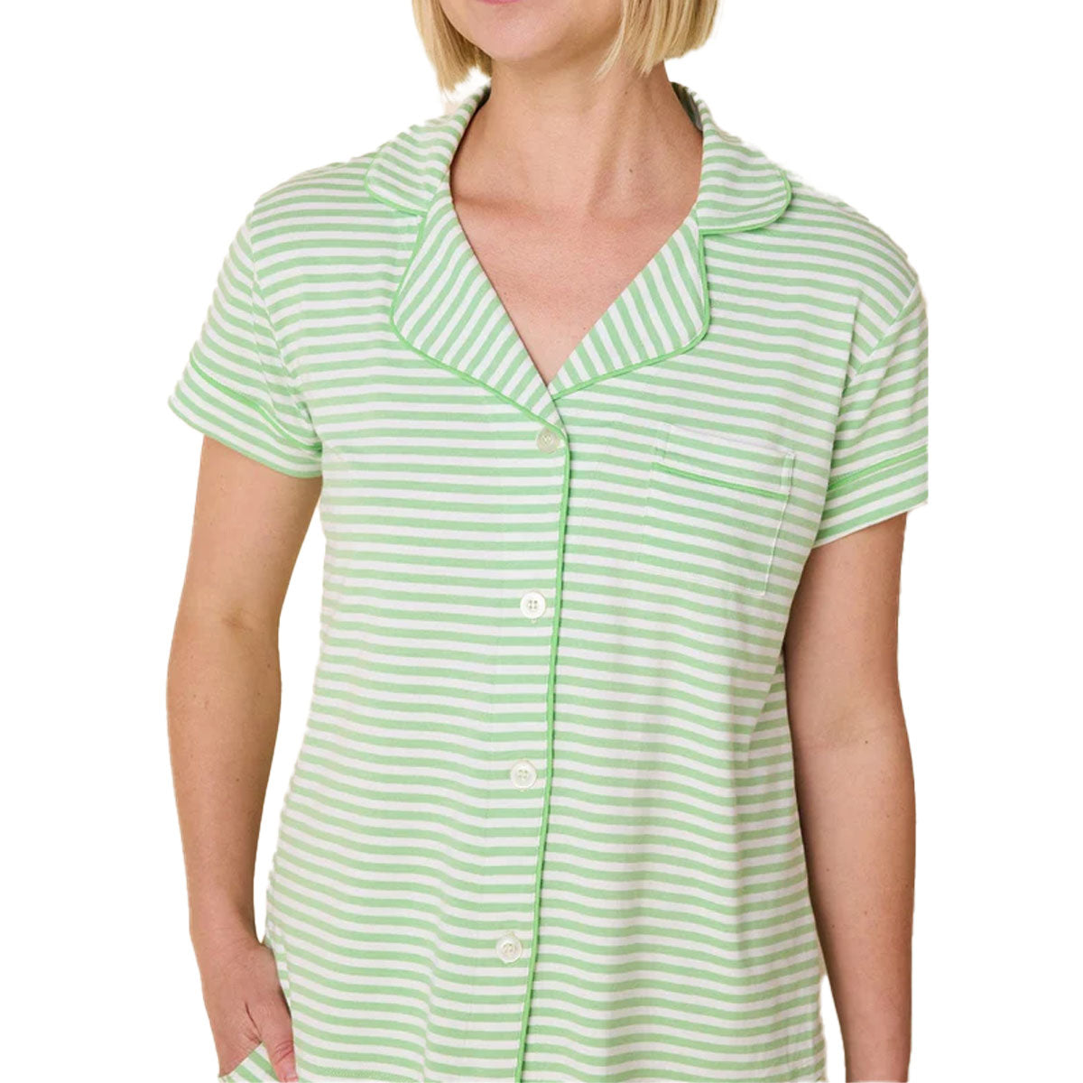 The Cat's Pajama's Essential Stripe Knit Capri Pajama Set in Pistachio Green Close View