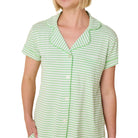 The Cat's Pajama's Essential Stripe Knit Capri Pajama Set in Pistachio Green Close View