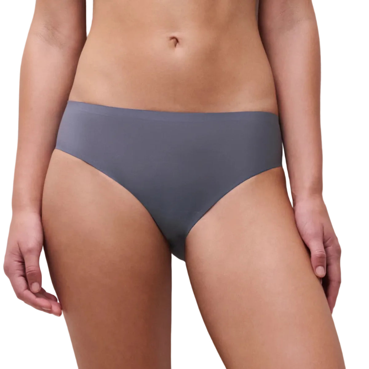 A model wearing a pair of medium gray high-waisted briefs, shown from the waist to the upper thighs against a plain light gray background.