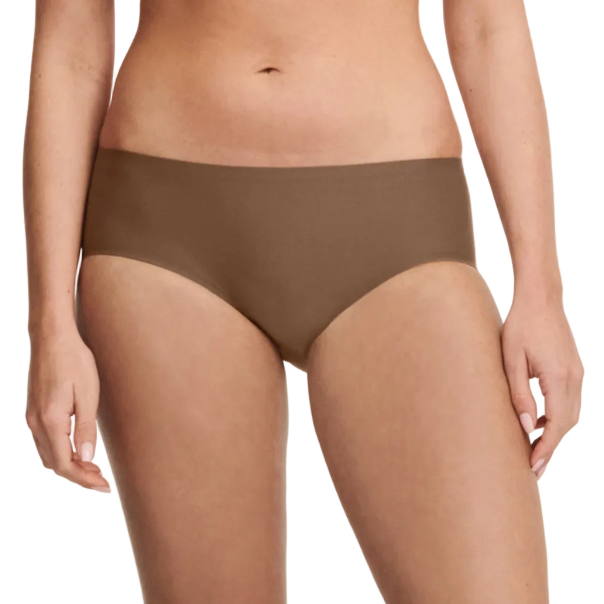 Brown underwear worn by a person on a white background