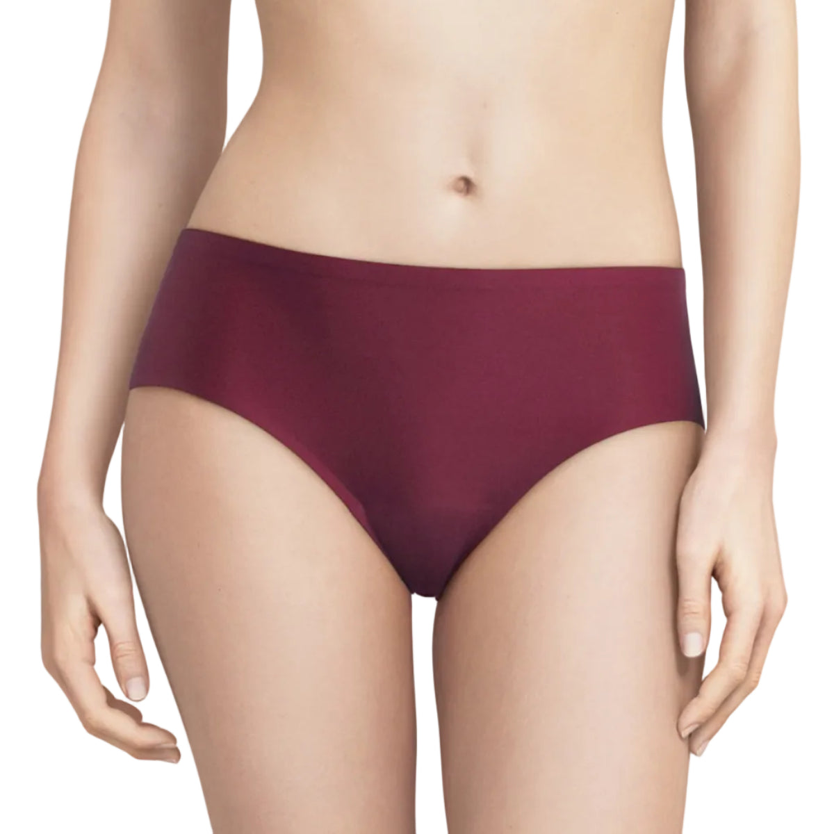 A model wearing a pair of high-waisted, solid burgundy underwear against a clean white background.