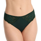 Dark green lace and solid fabric briefs worn by a model, shown from the waist to upper thighs against a plain light background.