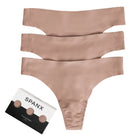 Three pairs of Spanx shapewear briefs in a dusty rose pink color, arranged vertically next to their original packaging box on a light gray background.