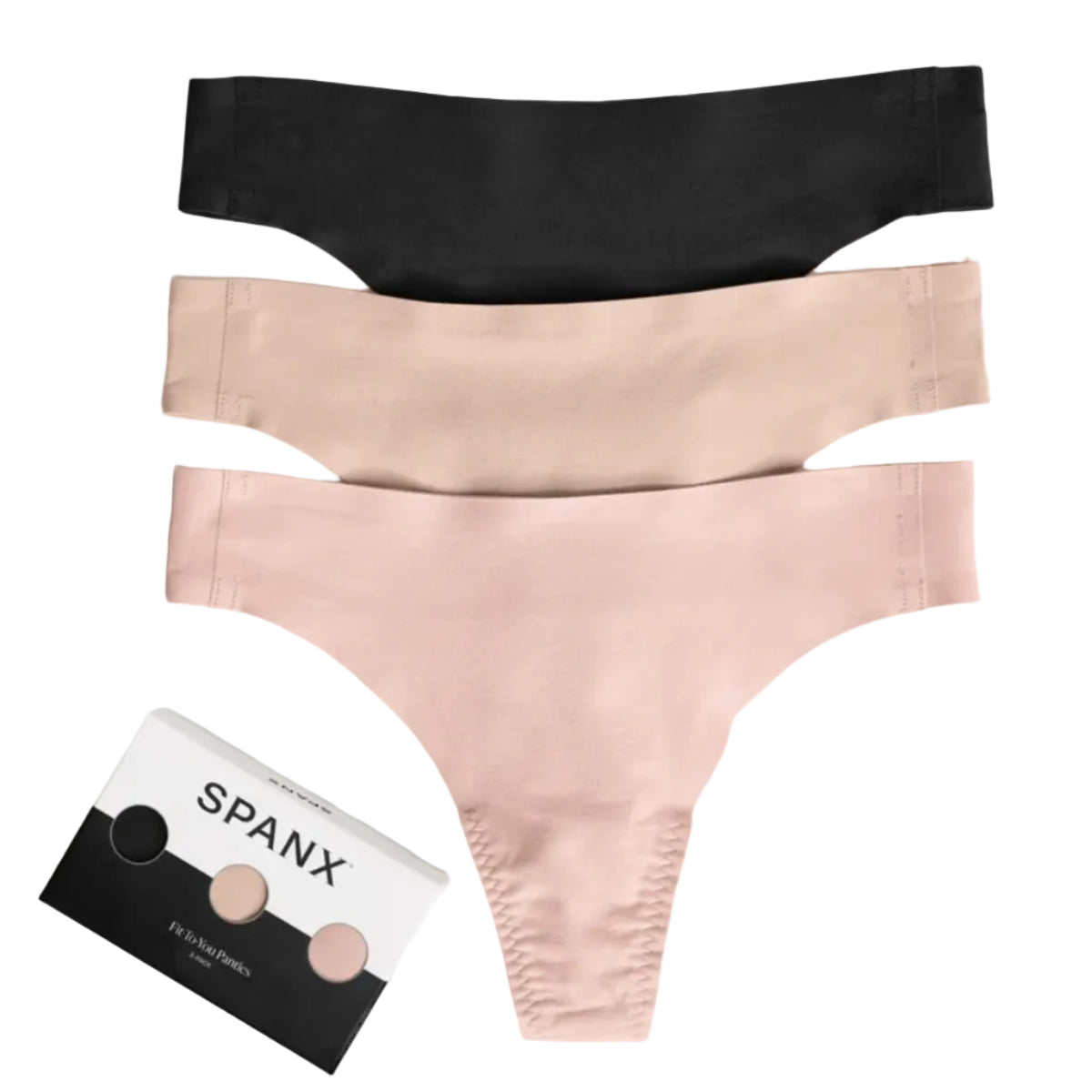 Three pairs of Spanx underwear in black, beige, and pink on a white background.