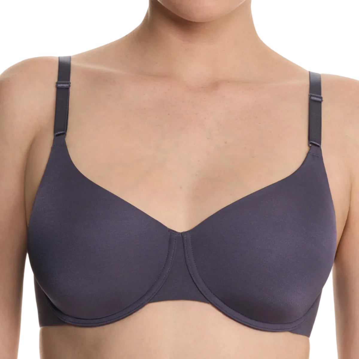 Dark blue bra worn by a model on a white background