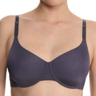 Dark blue bra worn by a model on a white background