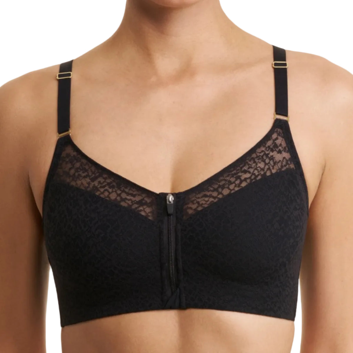 A close-up of a model wearing a black lace-front bralette with a center zipper and gold-tone adjustable shoulder straps against a plain white background.