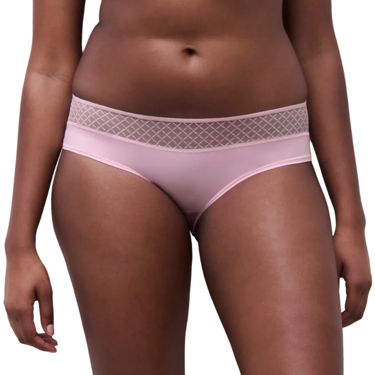 Pink underwear with lace waistband worn by a person on a white background