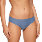Blue bikini bottom worn by a person on a white background