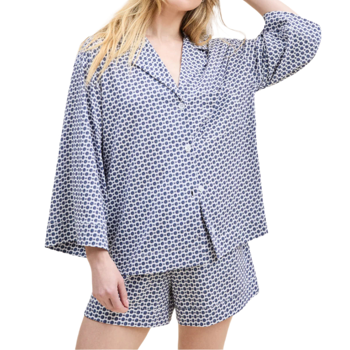 Petite Plume The Olivia Pima Cotton Short Pajama Set in Navy Foulard Pattern Close View