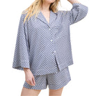 Petite Plume The Olivia Pima Cotton Short Pajama Set in Navy Foulard Pattern Close View