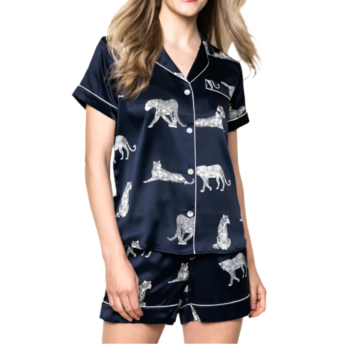 Petite Plume Women's Silk Pajama Short Set in Navy Blue with White Leopard Animal Print Front View