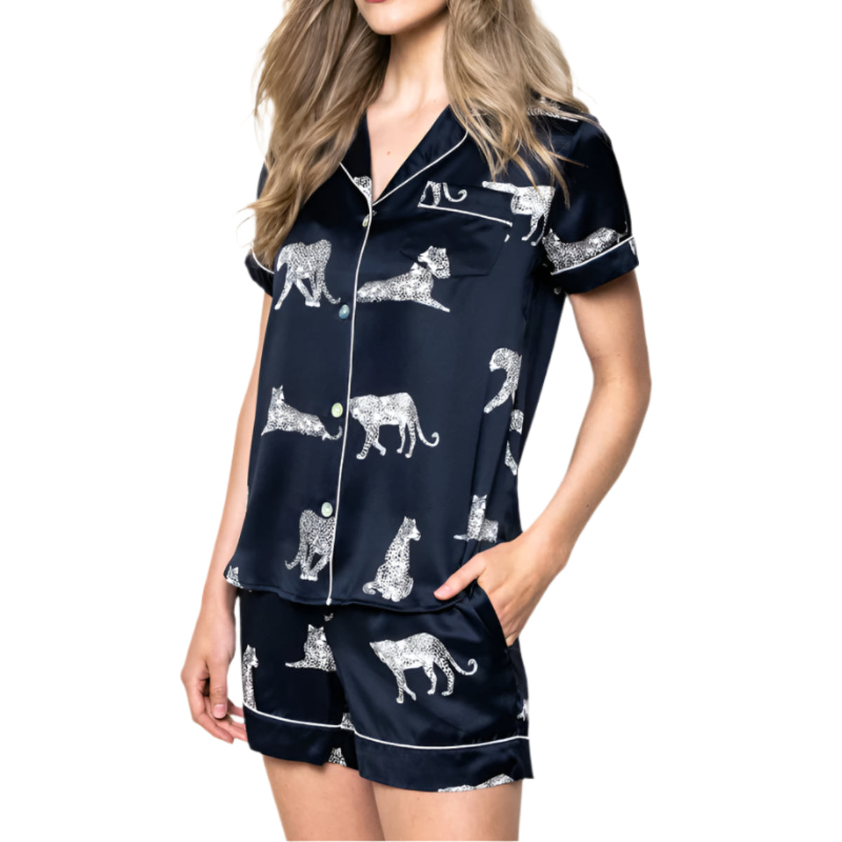 Petite Plume Women's Silk Pajama Short Set in Navy Blue with White Leopard Animal Print Side View