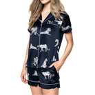 Petite Plume Women's Silk Pajama Short Set in Navy Blue with White Leopard Animal Print Side View