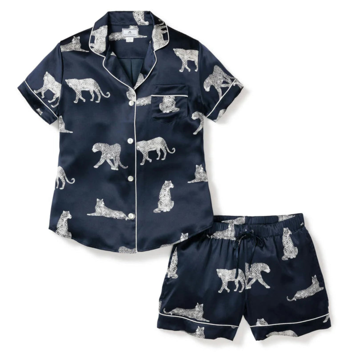 Petite Plume Women's Silk Pajama Short Set in Navy Blue with White Leopard Animal Print Stock View