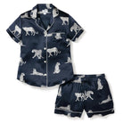 Petite Plume Women's Silk Pajama Short Set in Navy Blue with White Leopard Animal Print Stock View