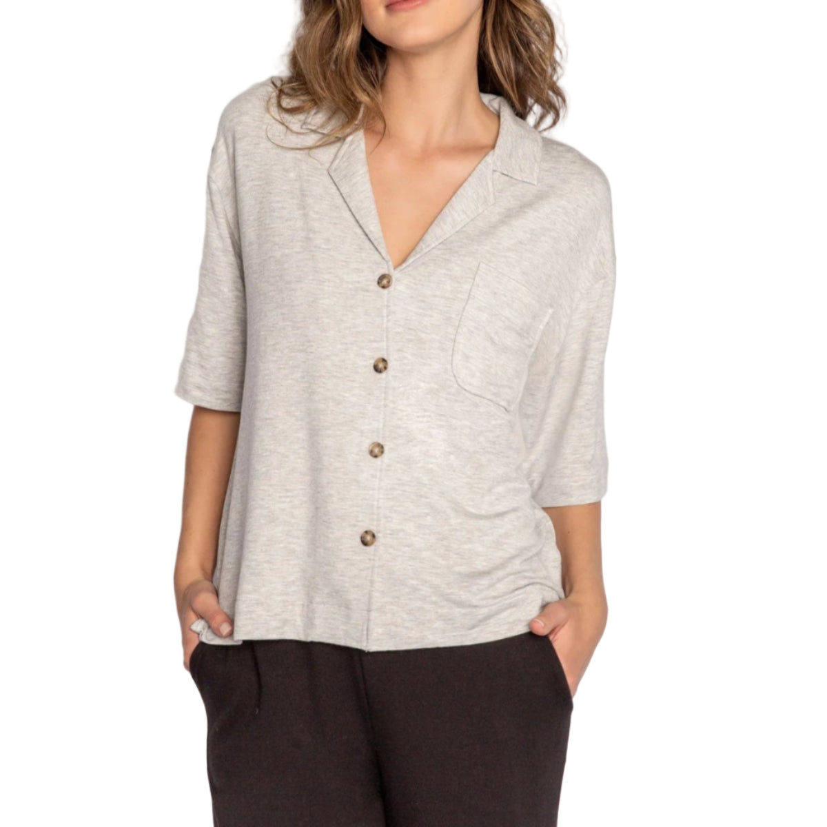 P.J. Salvage Jammie Essentials Short Sleeve Lounge Top in Heather Grey Front View