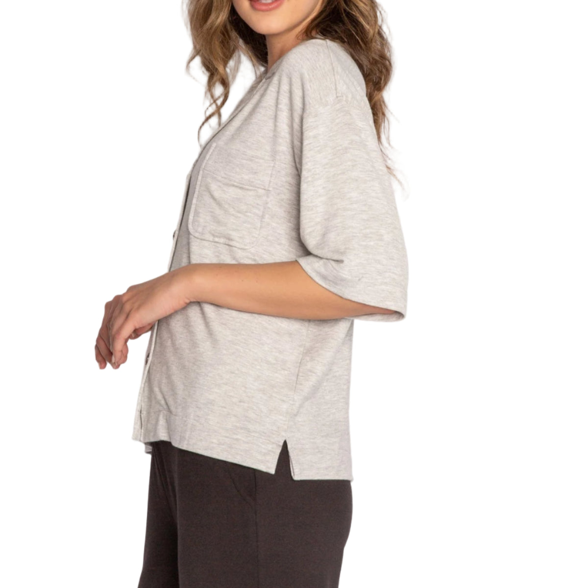 P.J. Salvage Jammie Essentials Short Sleeve Lounge Top in Heather Grey Side View