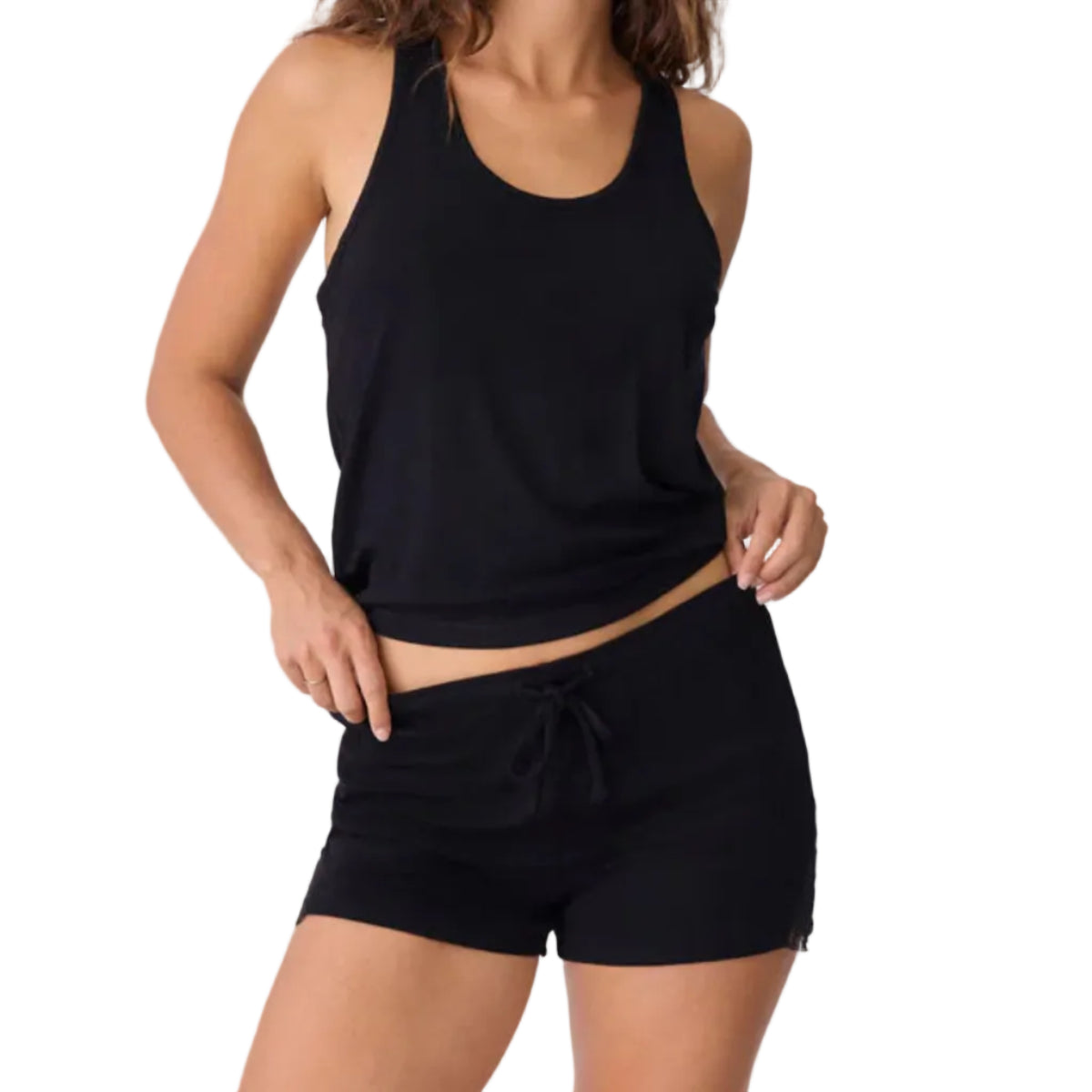 P.J. Salvage Lacey Basics Lounge Shorts in Black with Tank Top View