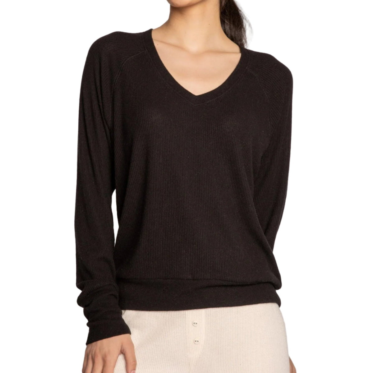 P.J. Salvage Textured Essentials Long Sleeve Top in Black Front View